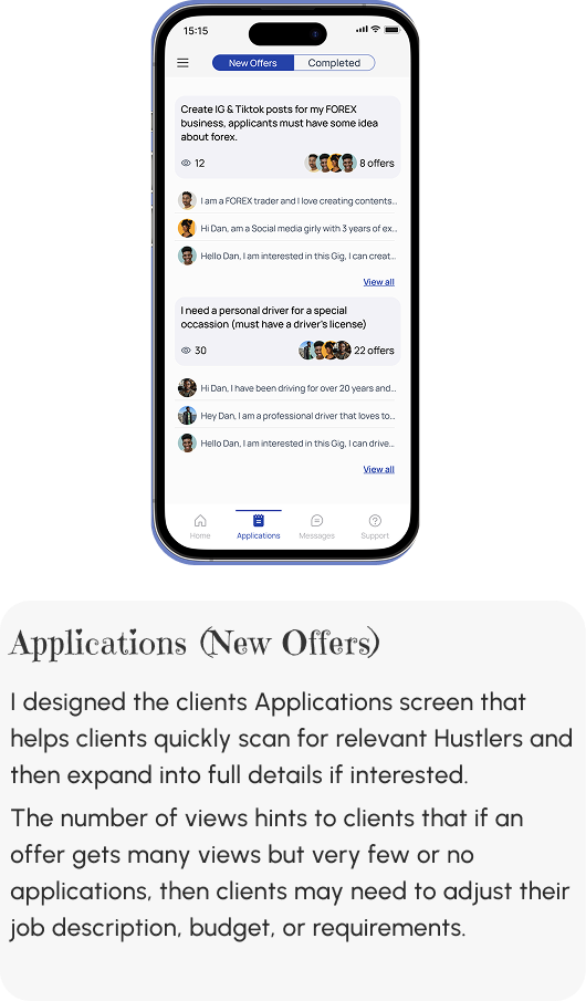 Applications New Offers tab showing gig listings with applicant counts, with design description